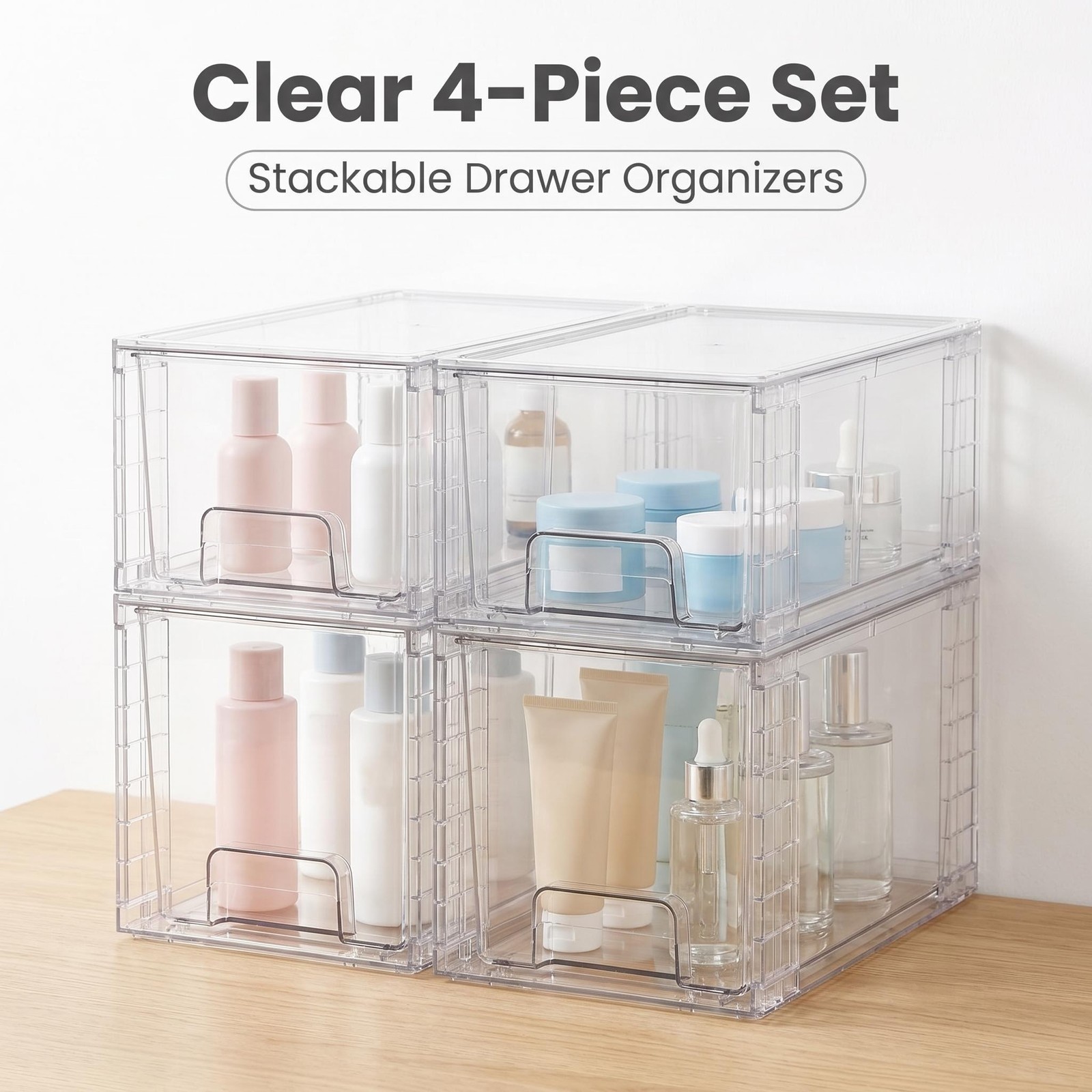 Chefstory 4 Pack Clear Stackable Storage Boxes for Pantry, Cabinet