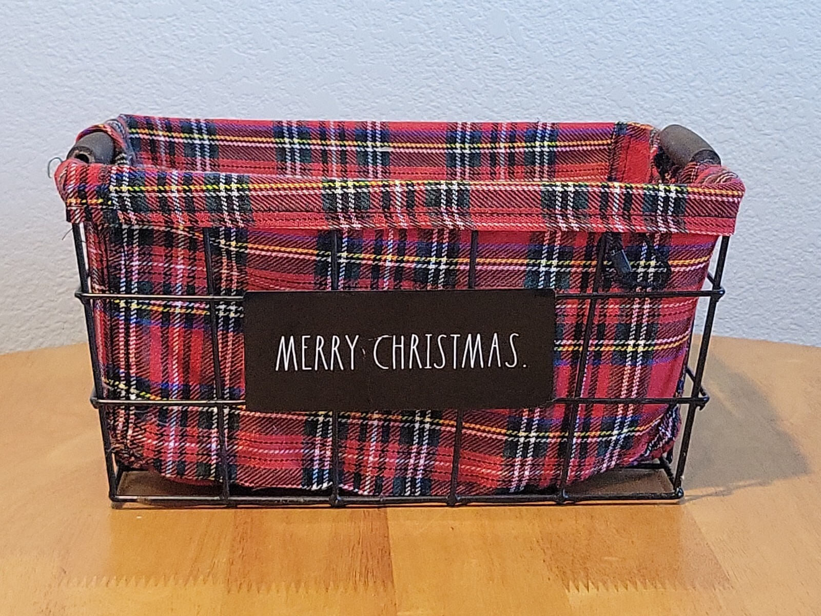 Rae Dunn Christmas Basket Plaid Wire Wooden Handle Holiday Red