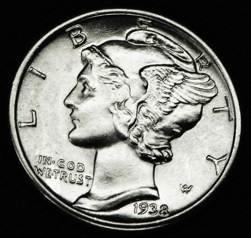 1938-p Mercury Dime.  66% fully separated horizontal bands.  BU (Inventory A)