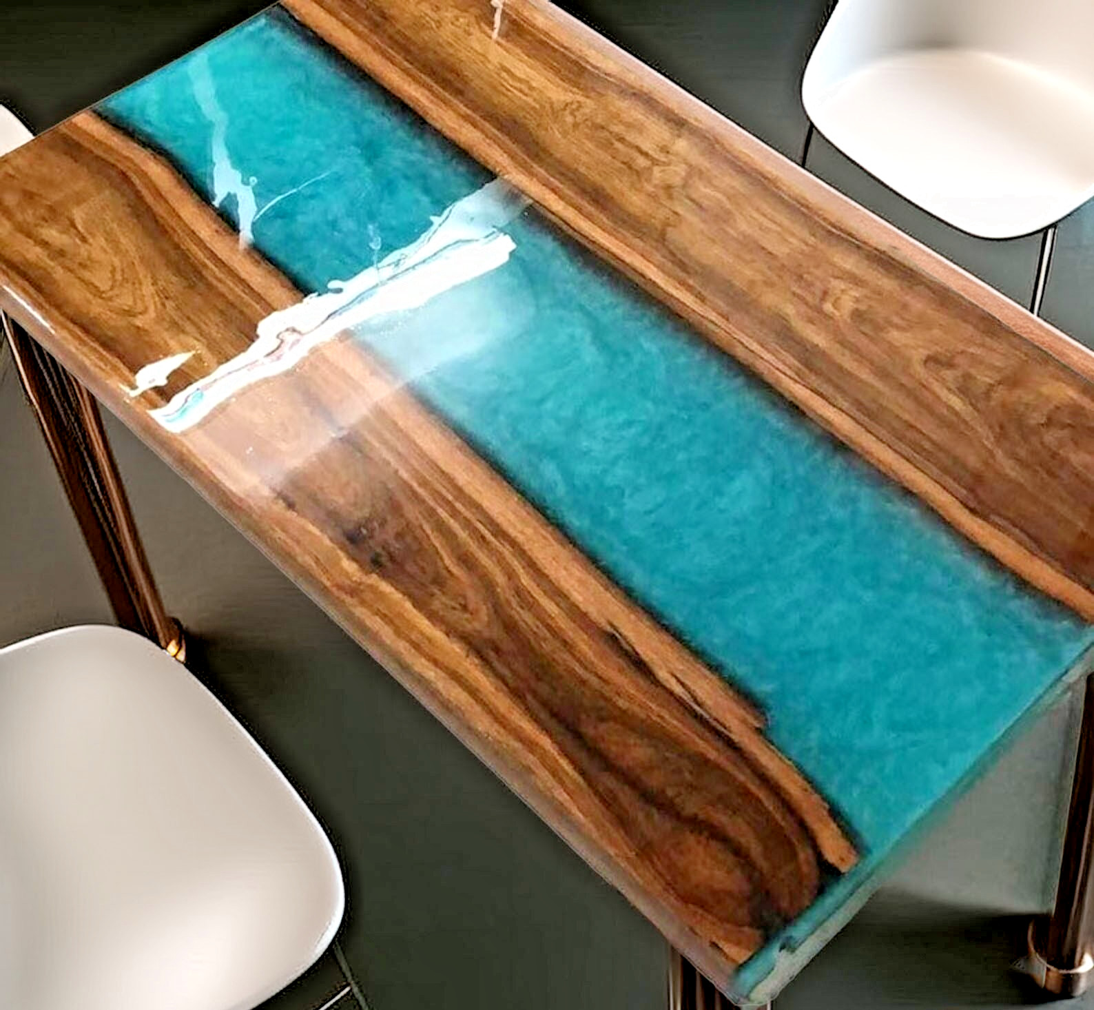 Handmade Live Edge Walnut & Teal Blue Epoxy River Table Top – Modern Resin table