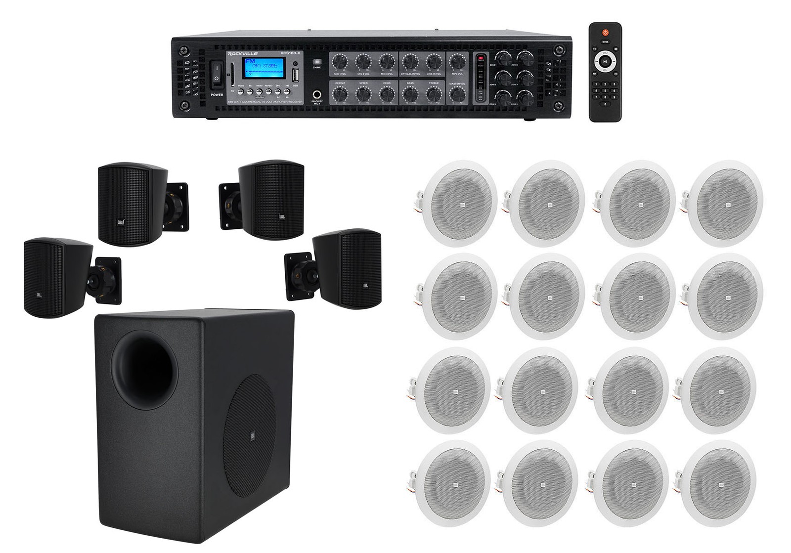 JBL Subwoofer+(4) Satellite+(16) 4" Ceiling Speakers+Amp For Office/Store/Gym