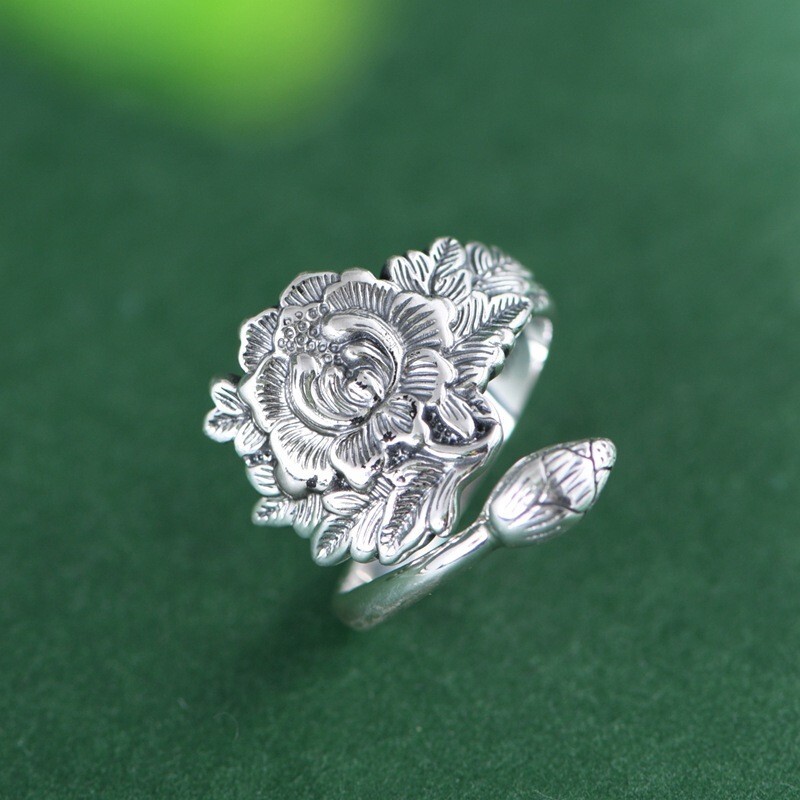 QXX Ring Peony and Bud Polished Fine Silver Silver 999 Size Adjustable