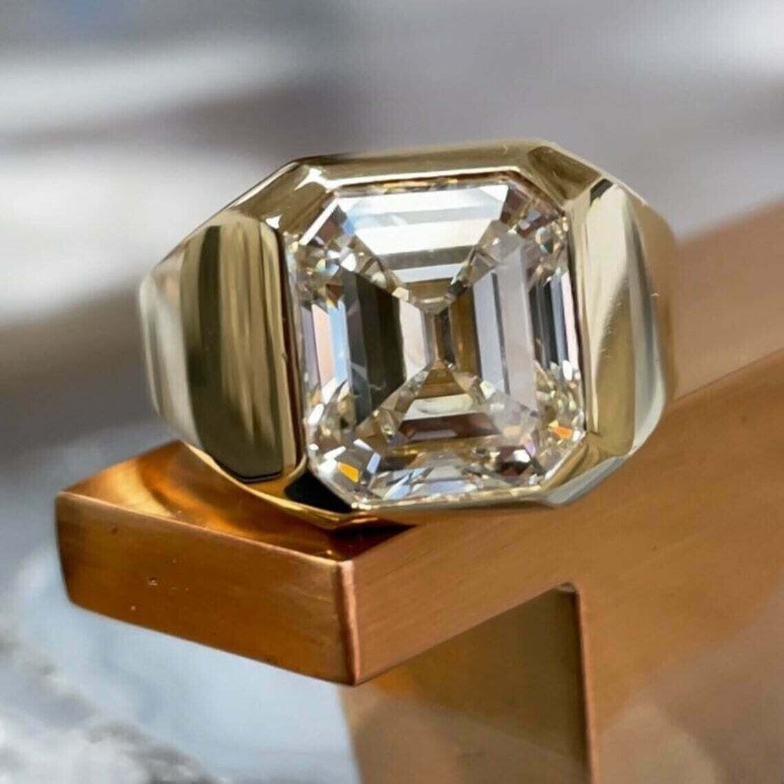 2 Ct Asscher Real Moissanite Men's Solitaire Wedding Ring 14K Yellow Gold Plated