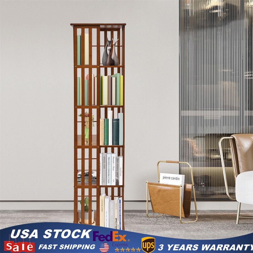 5Tier Rotating Bookshelf Tower Bedroom Bamboo Storage Display Rack Open Bookcase