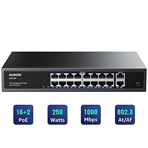 -Port Ethernet Gigabit PoE Switch, 16-Port PoE with 2 Uplink Gigabit Ports, 18