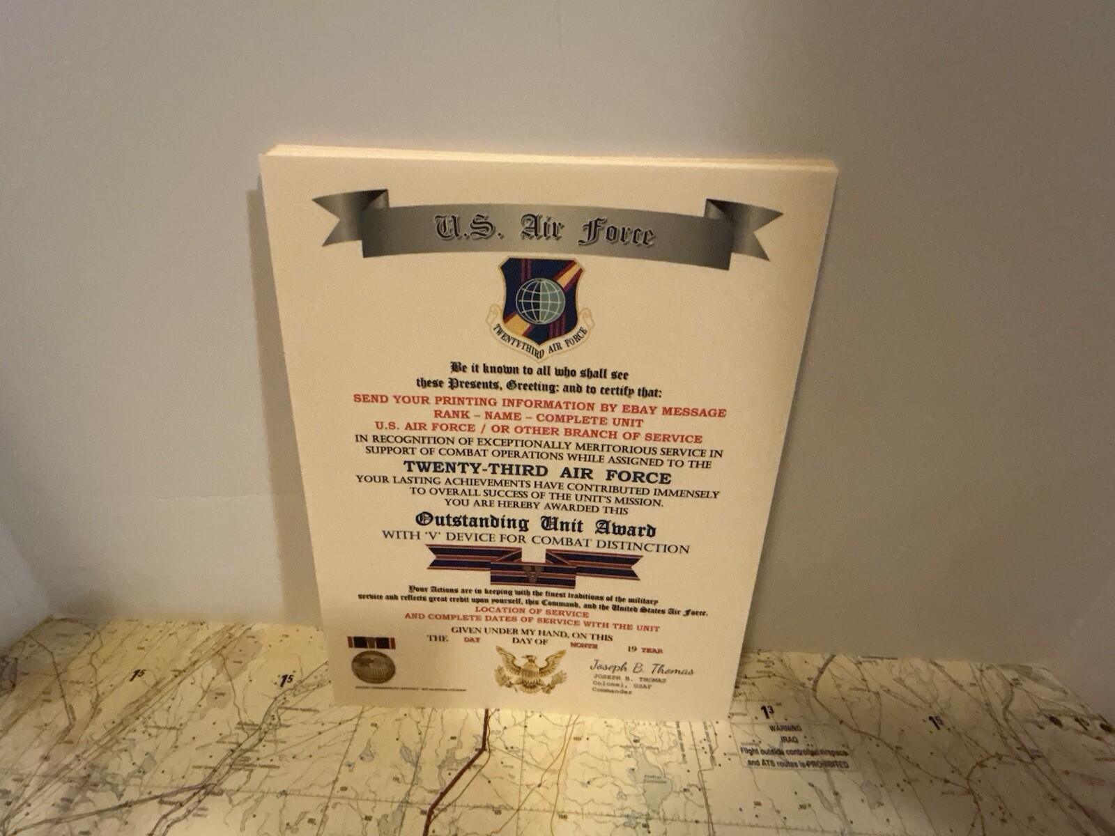 U.S. AIR FORCE / 23RD AIR FORCE - OUTSTANDING UNIT AWARD W/V DEVICE CERTIFICATE