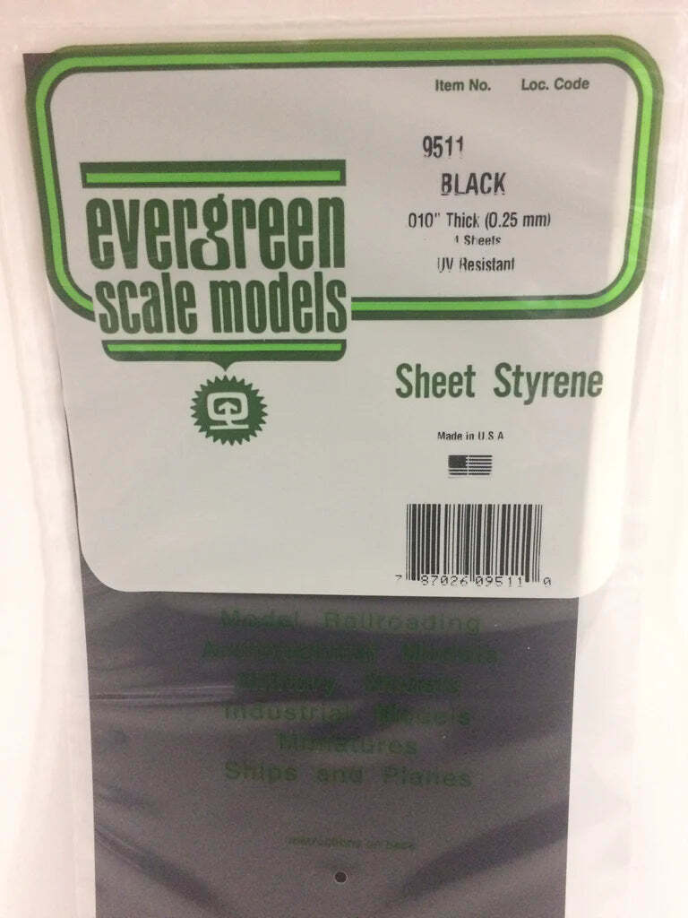 Evergreen Scale Models 9511 Black Styrene Sheets, .01x6x12" (4 Pack)