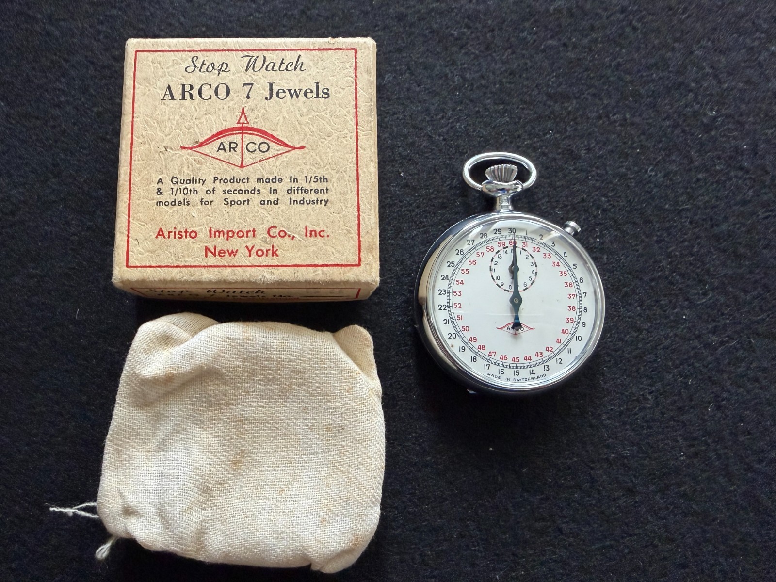 Swiss Made Arco Mechanical Wind Up Stop Watch with the Box