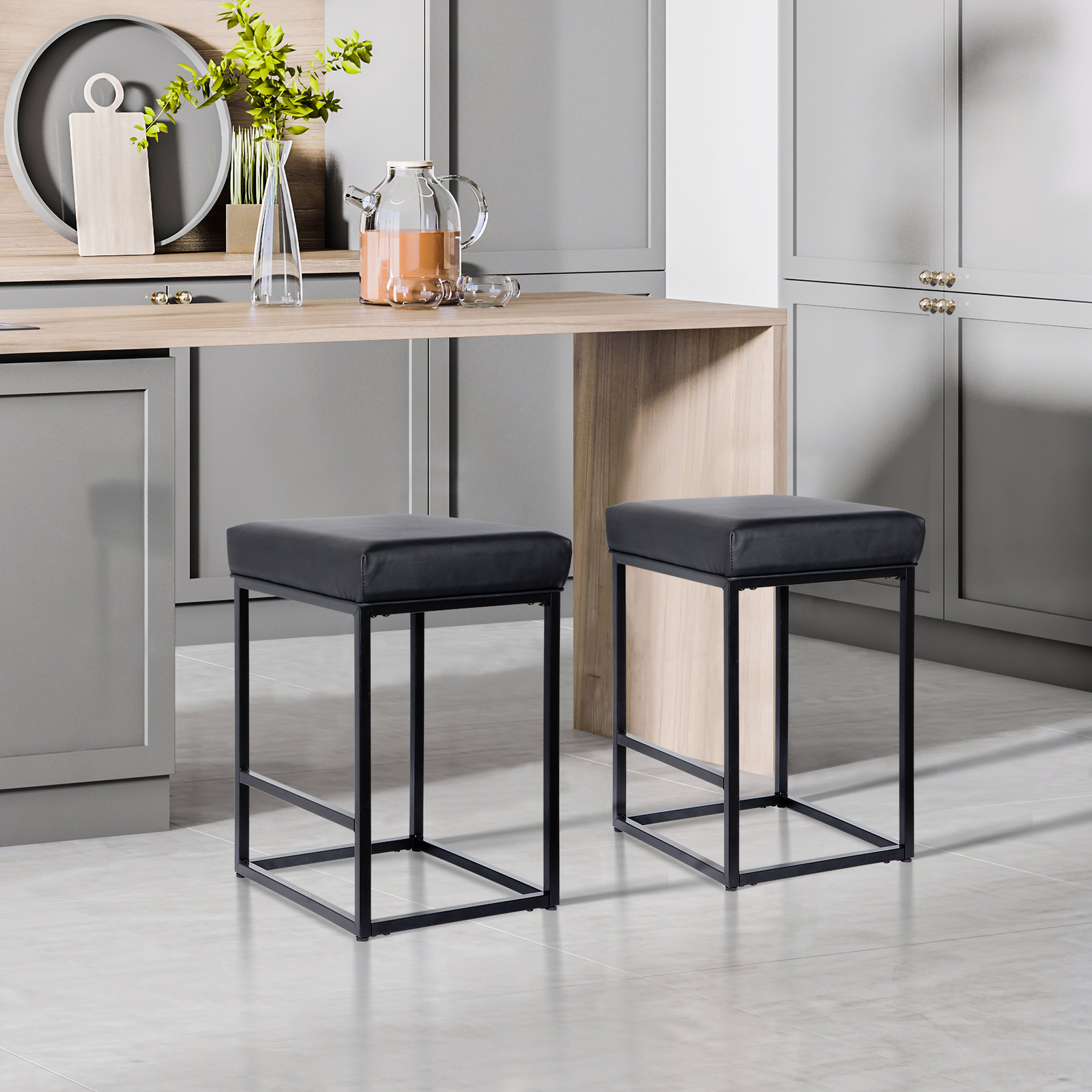 2PCS Black Backless Bar Stools PU Leather Stools Sturdy 330LBS Capacity Home