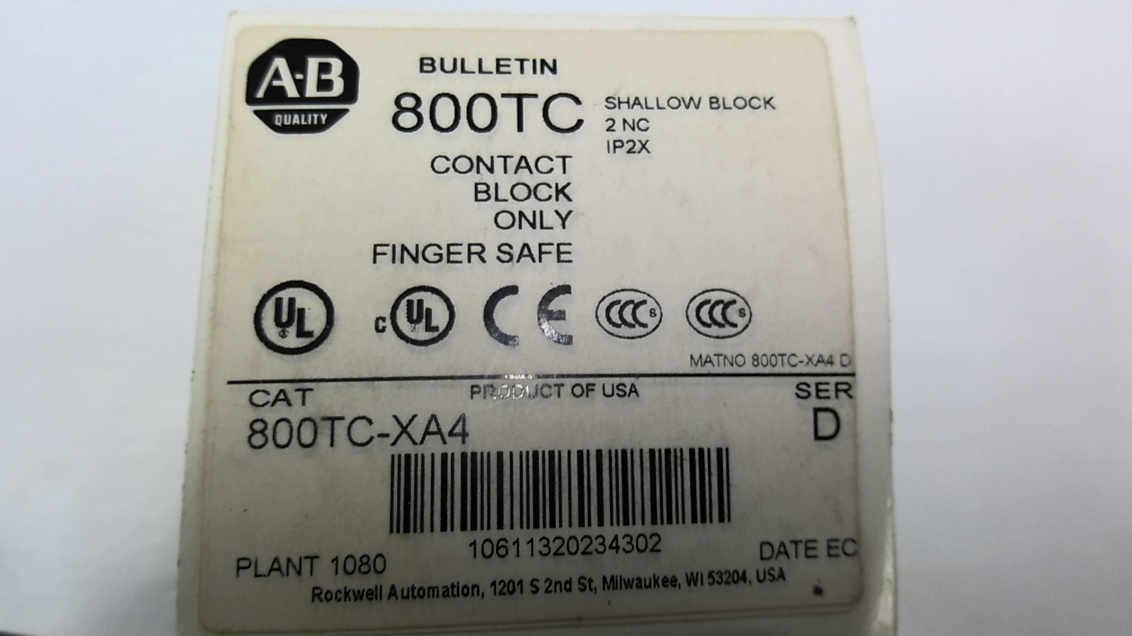 Allen Bradley 800TC-XA4 Contact Block