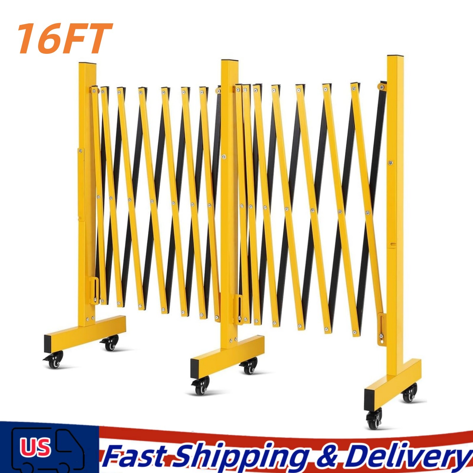 16FT Folding Security Gate Metal Expandable Mobile Barricade Gate with Wheels