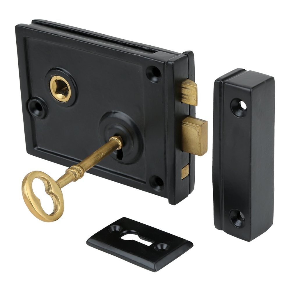 A29 Heavy Duty Cast Iron Horizontal Rim Lock, Black Powder-Coated Finish