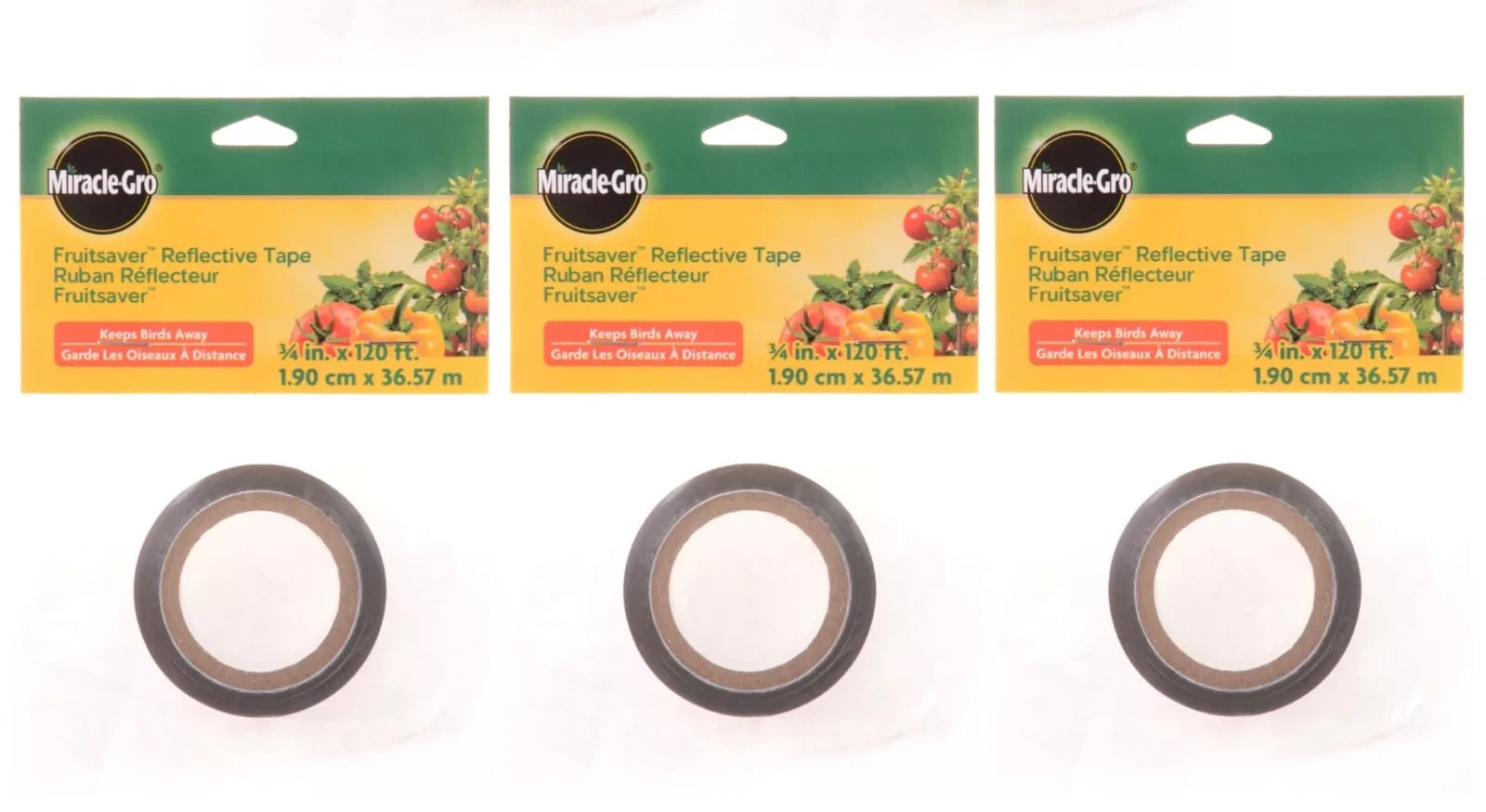 LOT of 3 MiracleGro Fruitsaver Reflective Tape BIRD SCARE shiny 3/4" x 120 ft