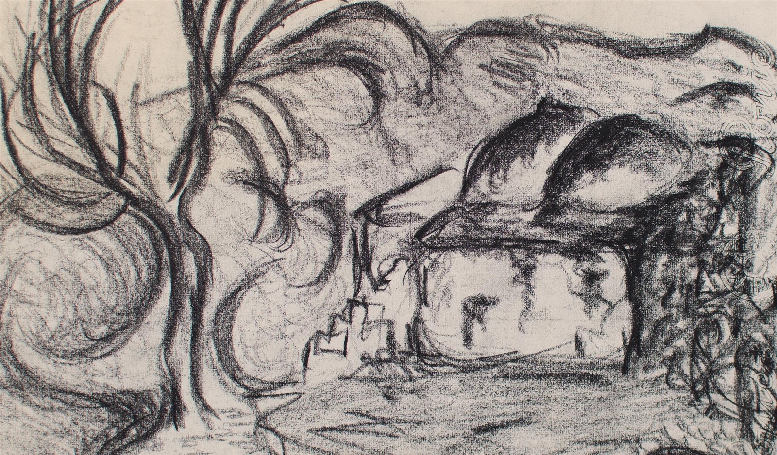 Mountain landscape abstract unsigned unknown unique charcoal drawing 20th century