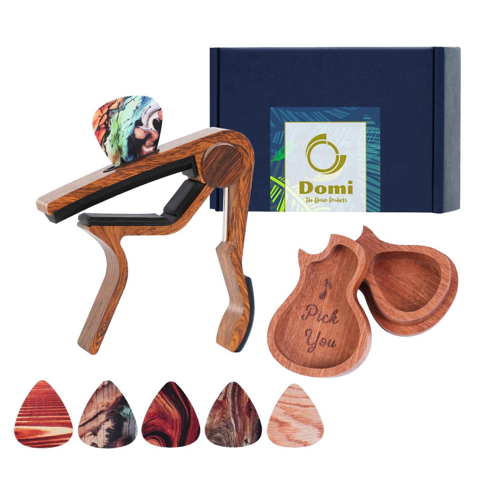 Guitar Capo Gift Set - Includes 1 Capo, 1 Pick Holder & 6 Picks - Rosewood