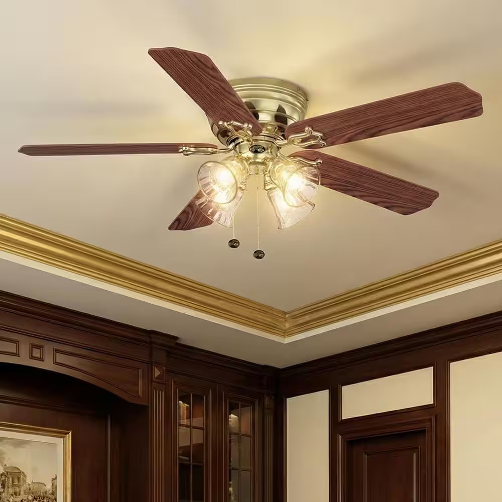 Carriage House 52 In. Indoor LED Polished Brass Ceiling Fan with Light Kit, Reve