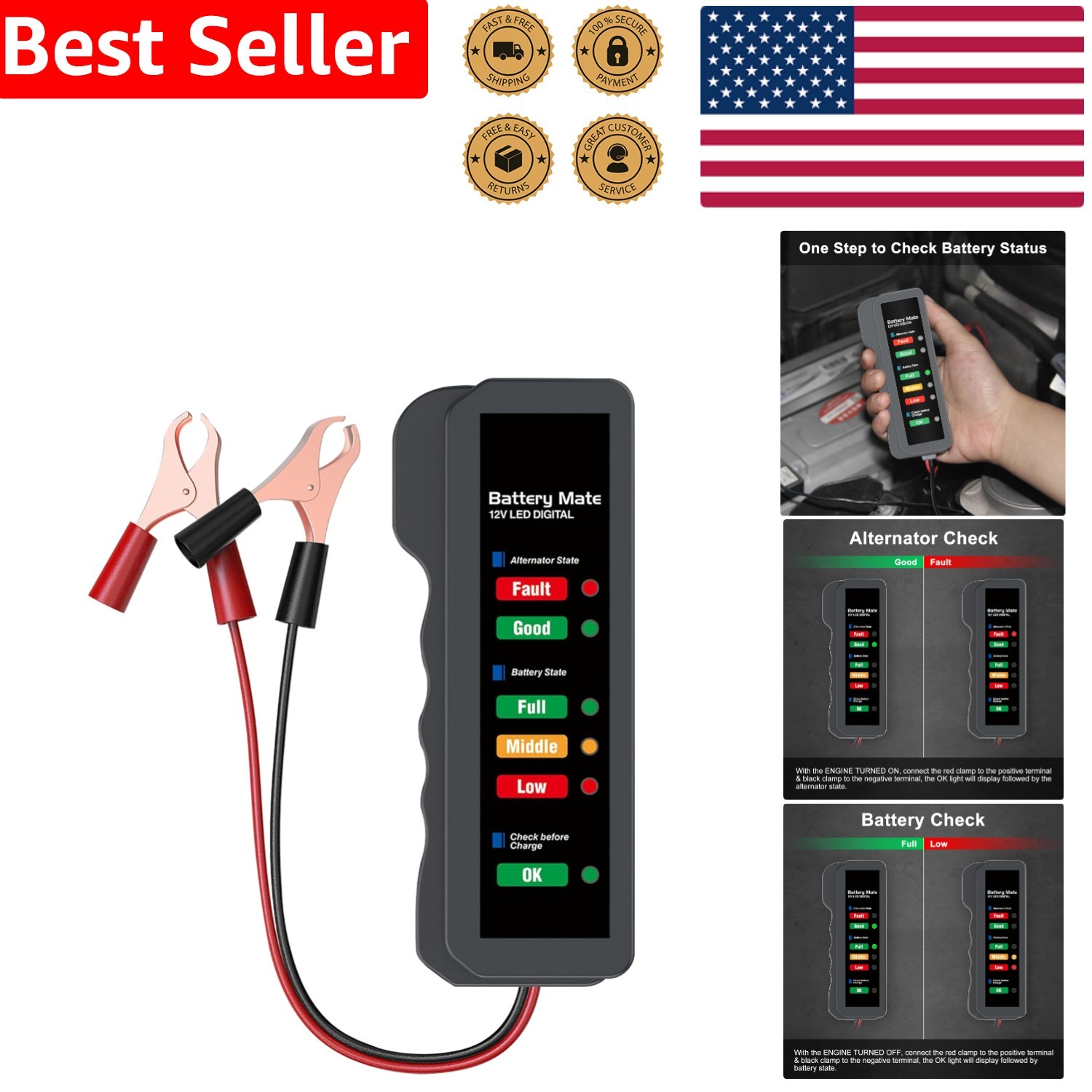 Compact 12V Auto Battery and Alternator Checker with Intuitive LED Indicators