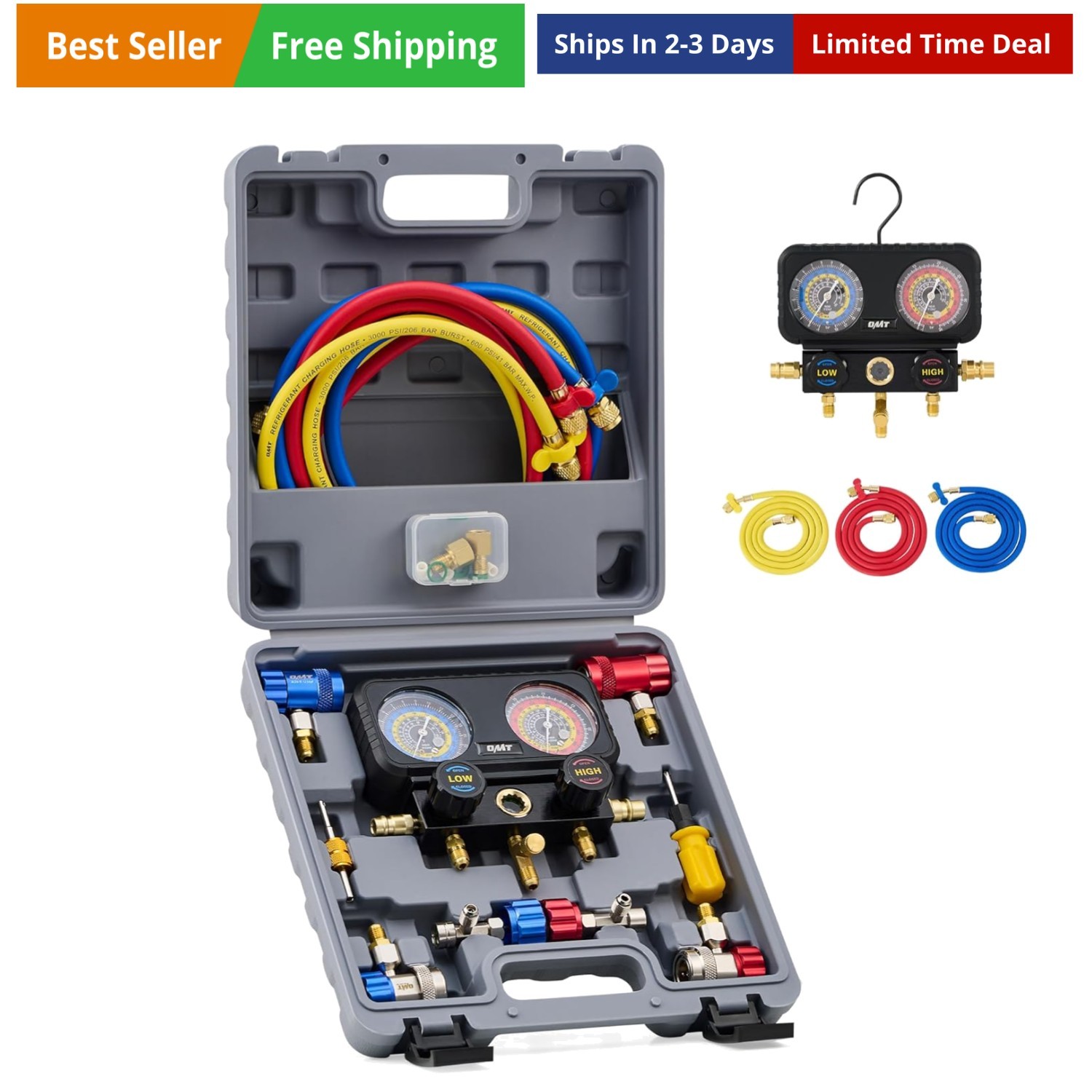 AC Gauges, 3 Way Manifold Gauge Set for R1234yf R404a R134a Refrigerant, Auto...