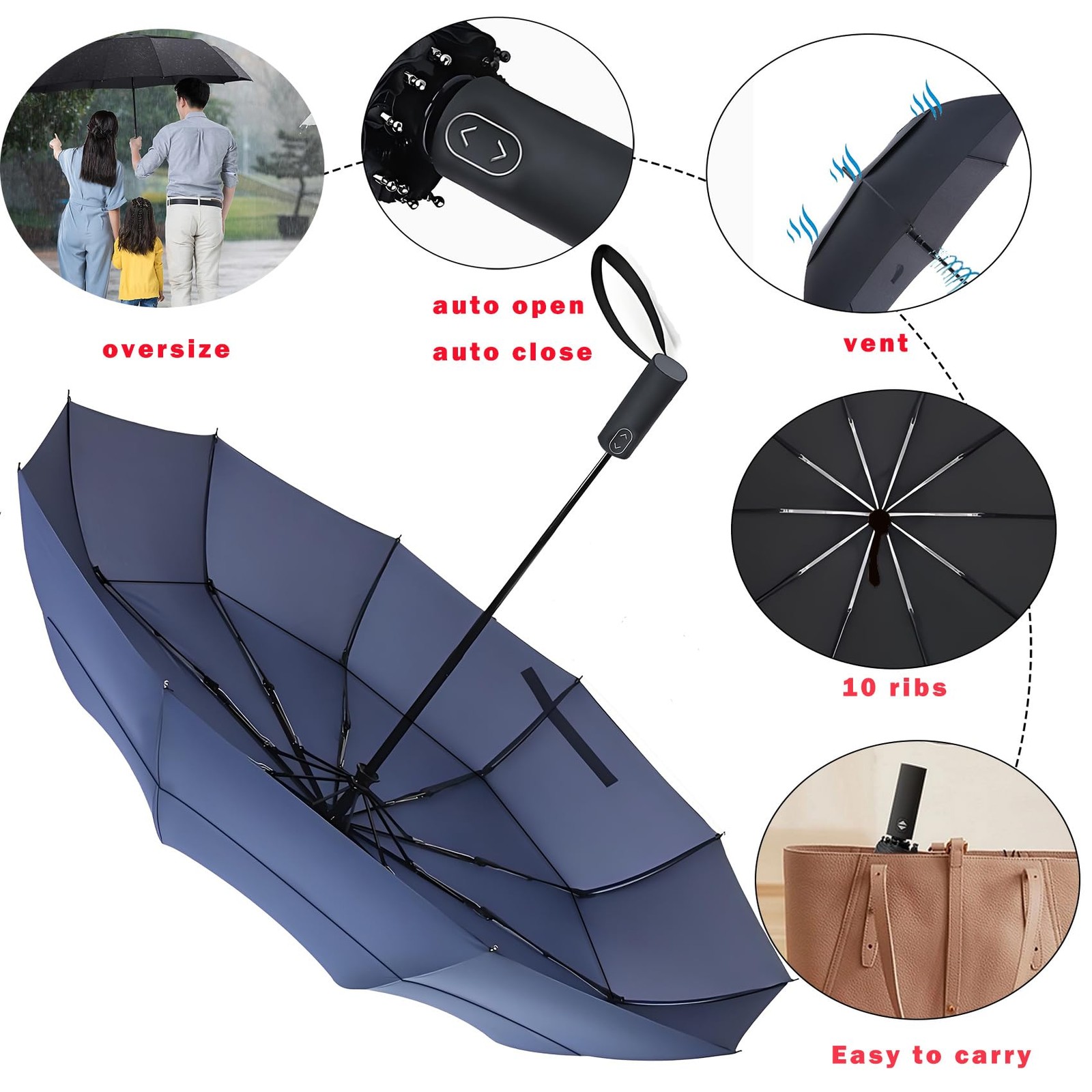 Golf Umbrella 49/54/62 Inch Large Double Canopy Windproof Compact Travel