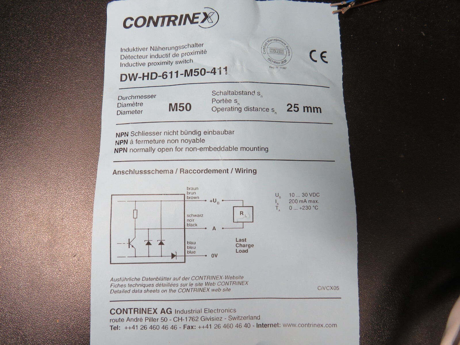 Contrinex DW-HD-611-M50-411 High Temperature Inductive Sensor