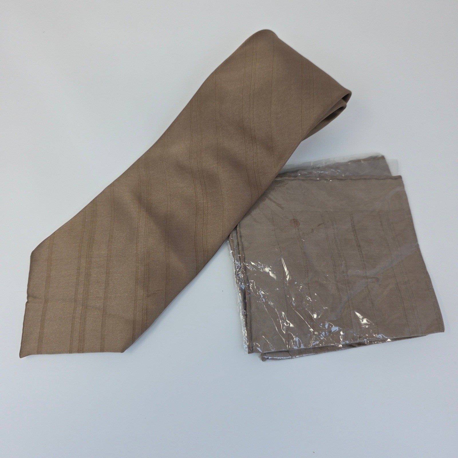 Salvatore Pellegrino Necktie Set Men OS Bronze Gold Silk Tonal Striped Hand Made