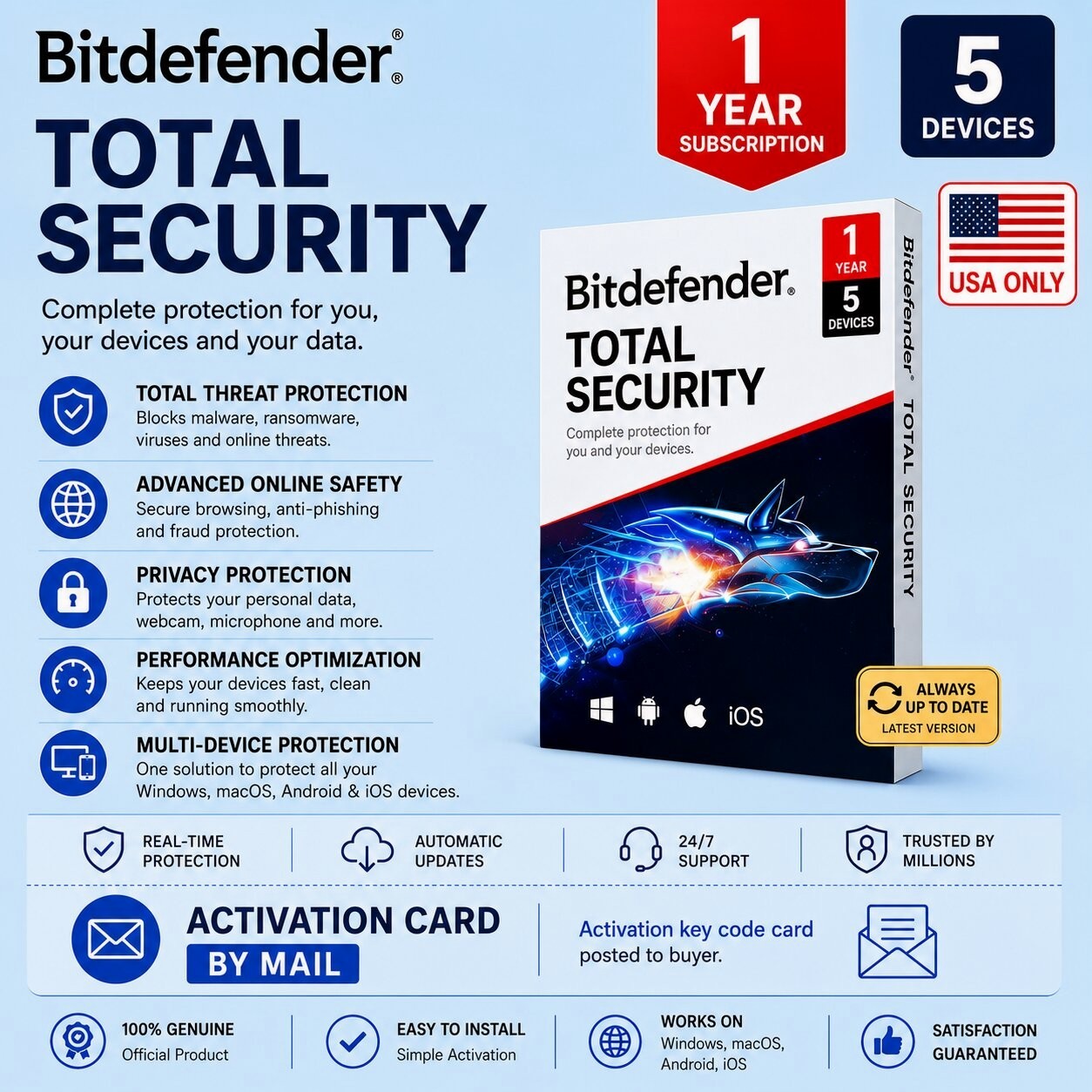 Bitdefender Total Security 2026 - 1 Year 5 Devices (LATEST VERSION) USA ONLY