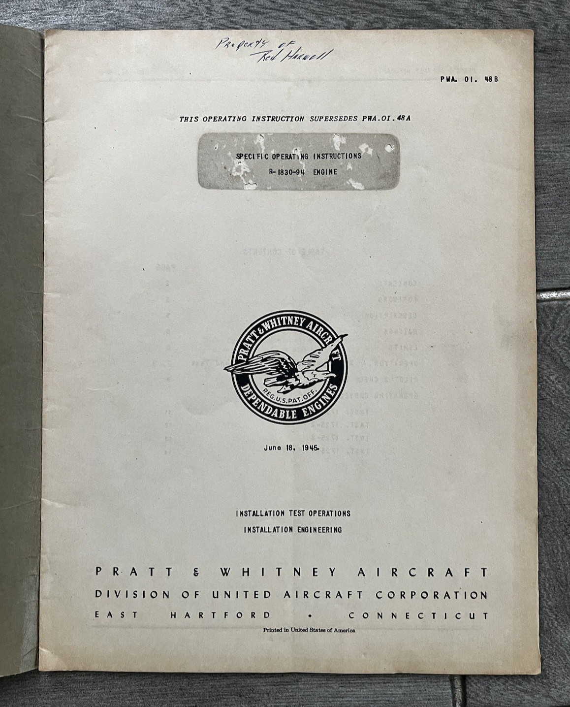 Pratt & Whitney R-1830-94 Engine Specific Operating Instructions 1946 Original