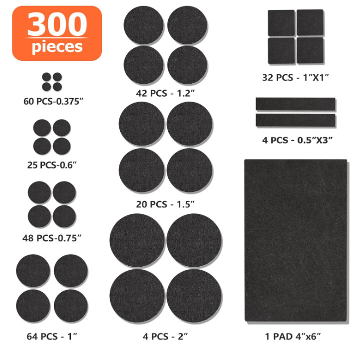 300PCS Felt Furniture Pads Floor Protectors for Chair Legs Hardwood Tile Surface