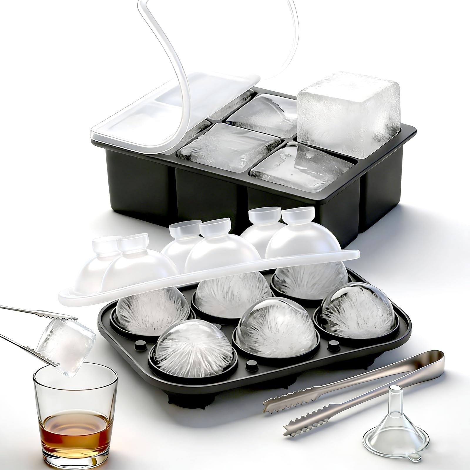 Large Square Ice Molds with Sealed Lid & Clamp, Silicone Ice Cube Trays (Set ...