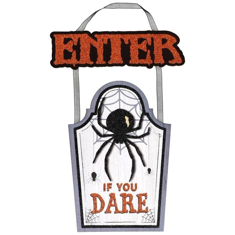 Spooky Halloween Hanging Décor ENTER If You Dare SPIDER Sign Glitter Spooky