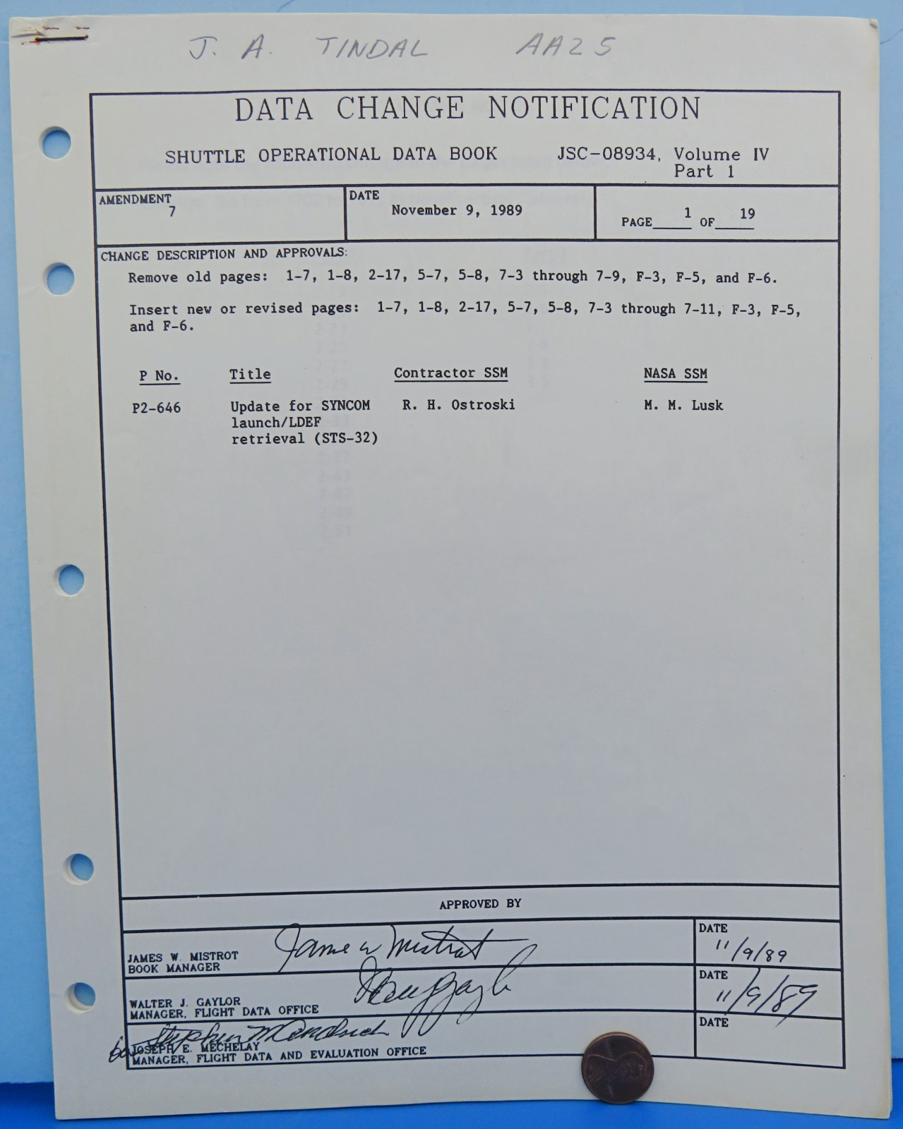 NASA Publication '89 vtg STS-32 Space Shuttle COLUMBIA /Data Change Notification