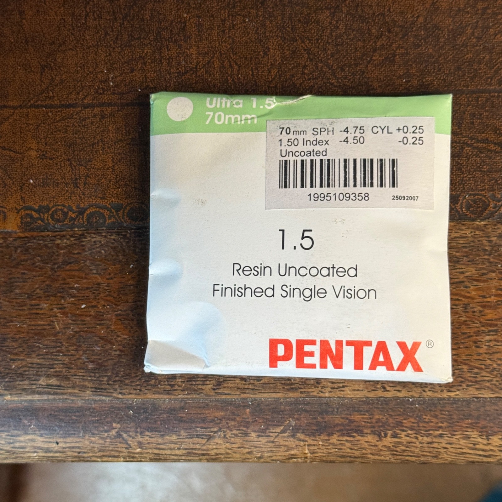 Unopened Pentax 1.5 Resin Uncoated Finished Single Vision SPH -4.75 Index -4.5