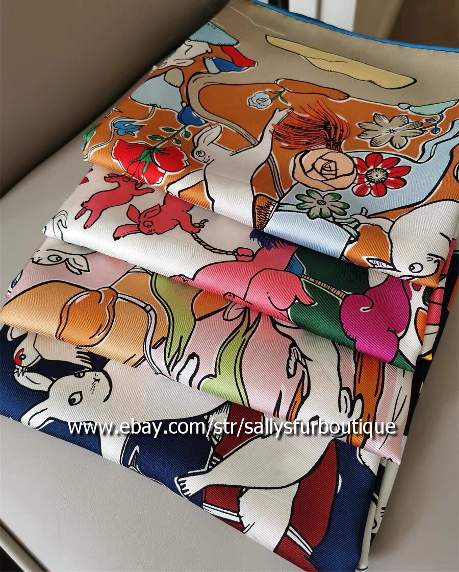 Pure 14~18 Momme Twill Silk Wrap Scarf Bandanna Rabbits Print Shawl 35"*35"