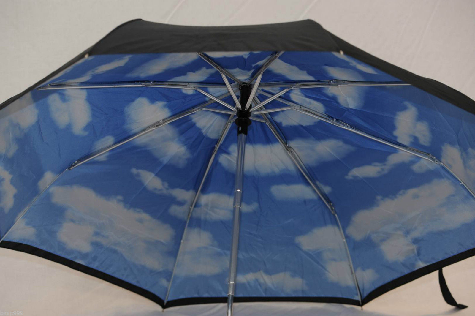 New Umbrella Compact Automatic Sturdy Travel Black with Blue Sky / White Clouds
