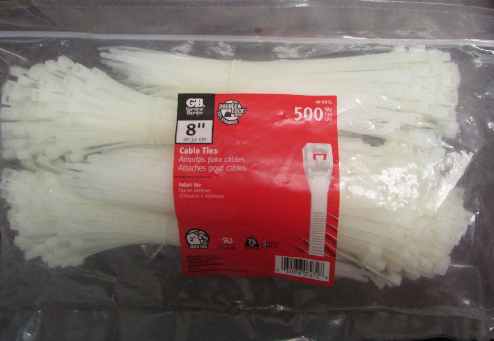 GARDNER BENDER 8" Cable Tie Pack of 500 46 507L WIRE TIES NATURAL 75 LB. 20.32CM