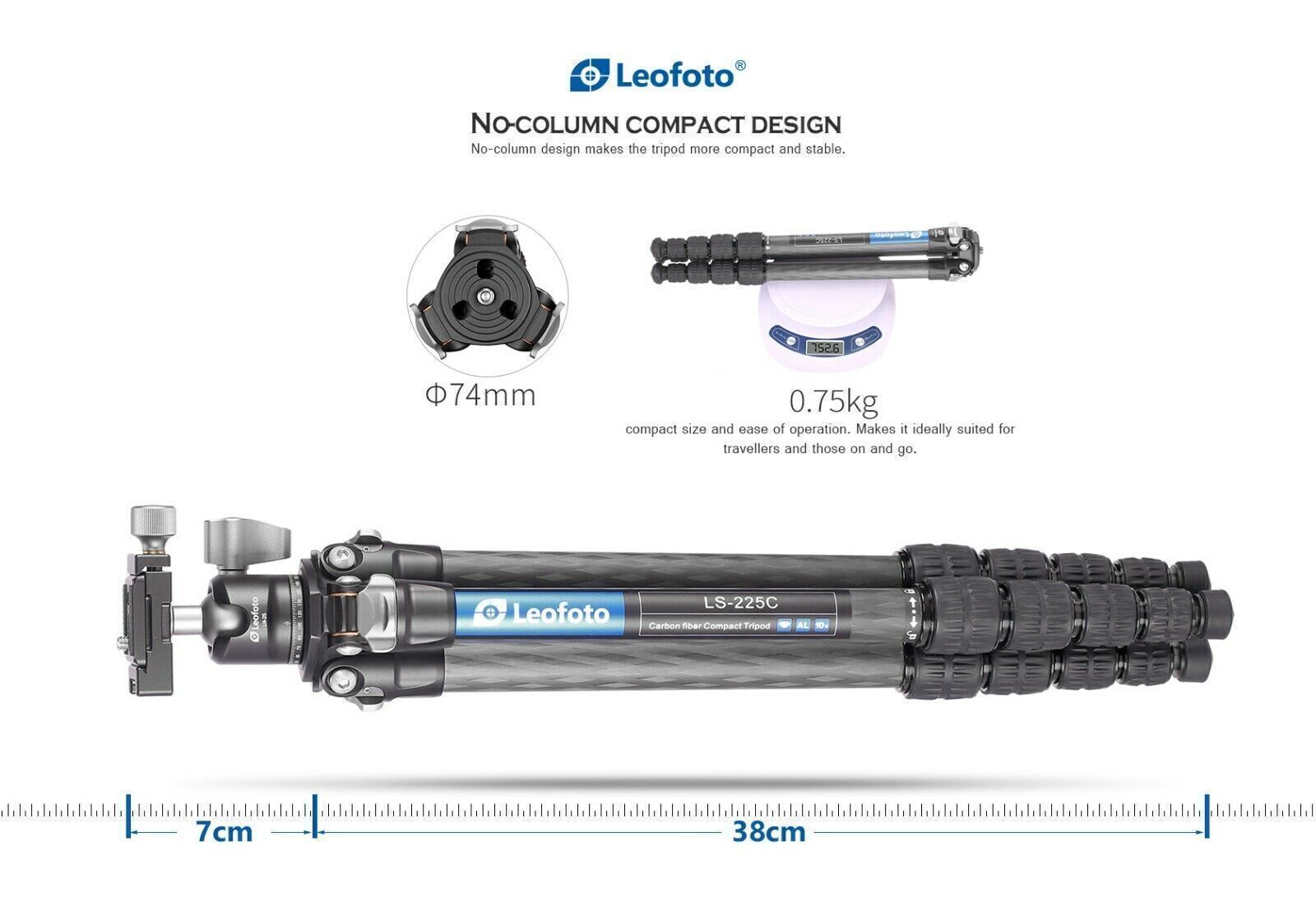 Leofoto LS-225C + LH25 + DC-222C Professional Carbon Fiber Tripod Set