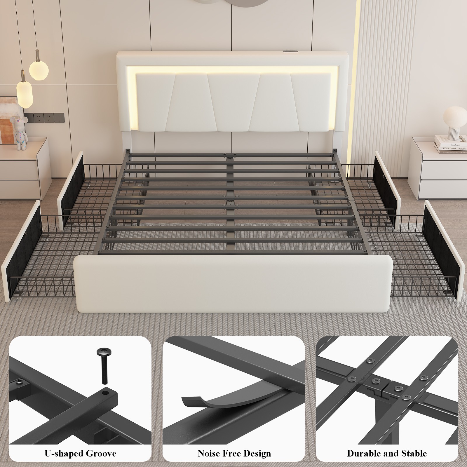 E-MOTIE Upholstered Bed Frame with 4 Storage Drawers & Adjustable Headboard