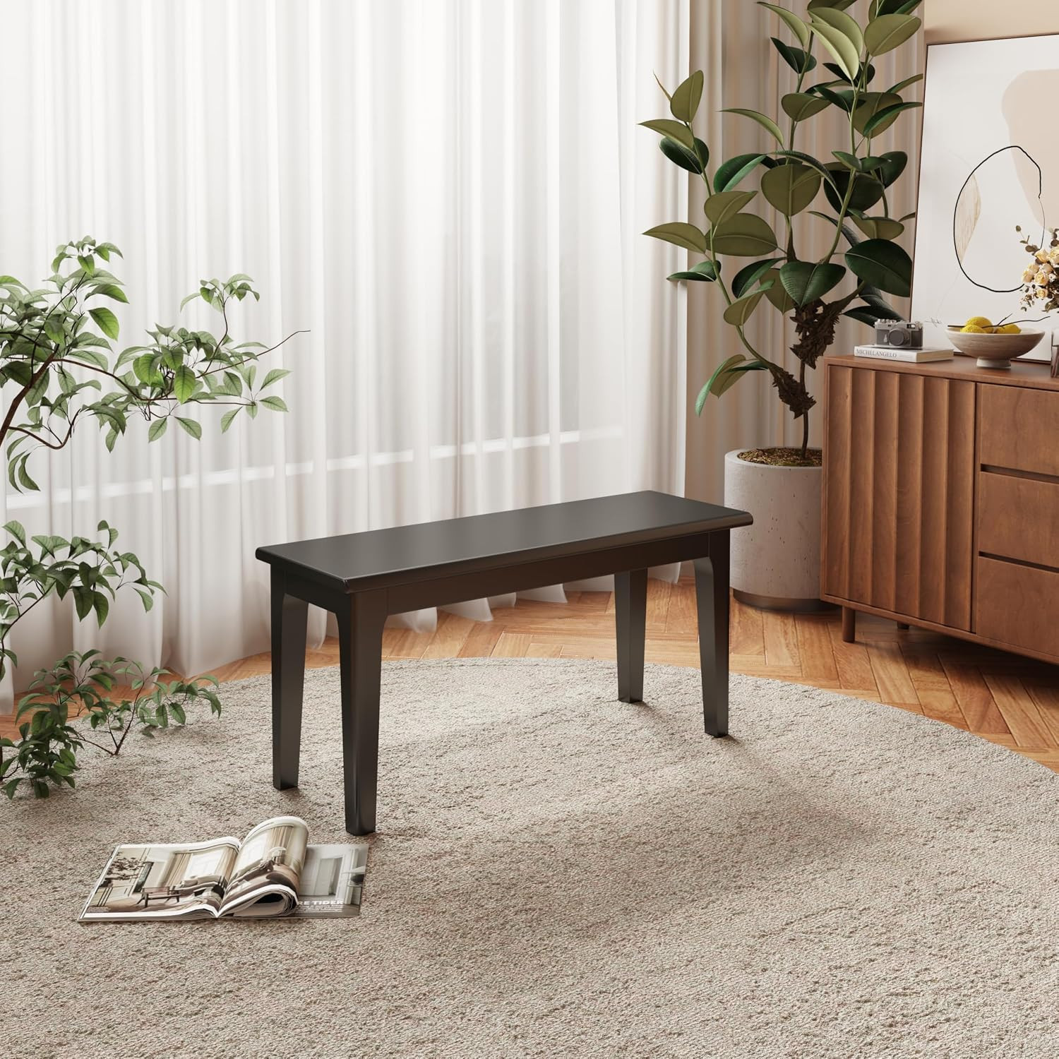Wooden Entryway Bench, 39’’ Indoor End of Bed Bench, 100% Solid Oak Wood (Black)