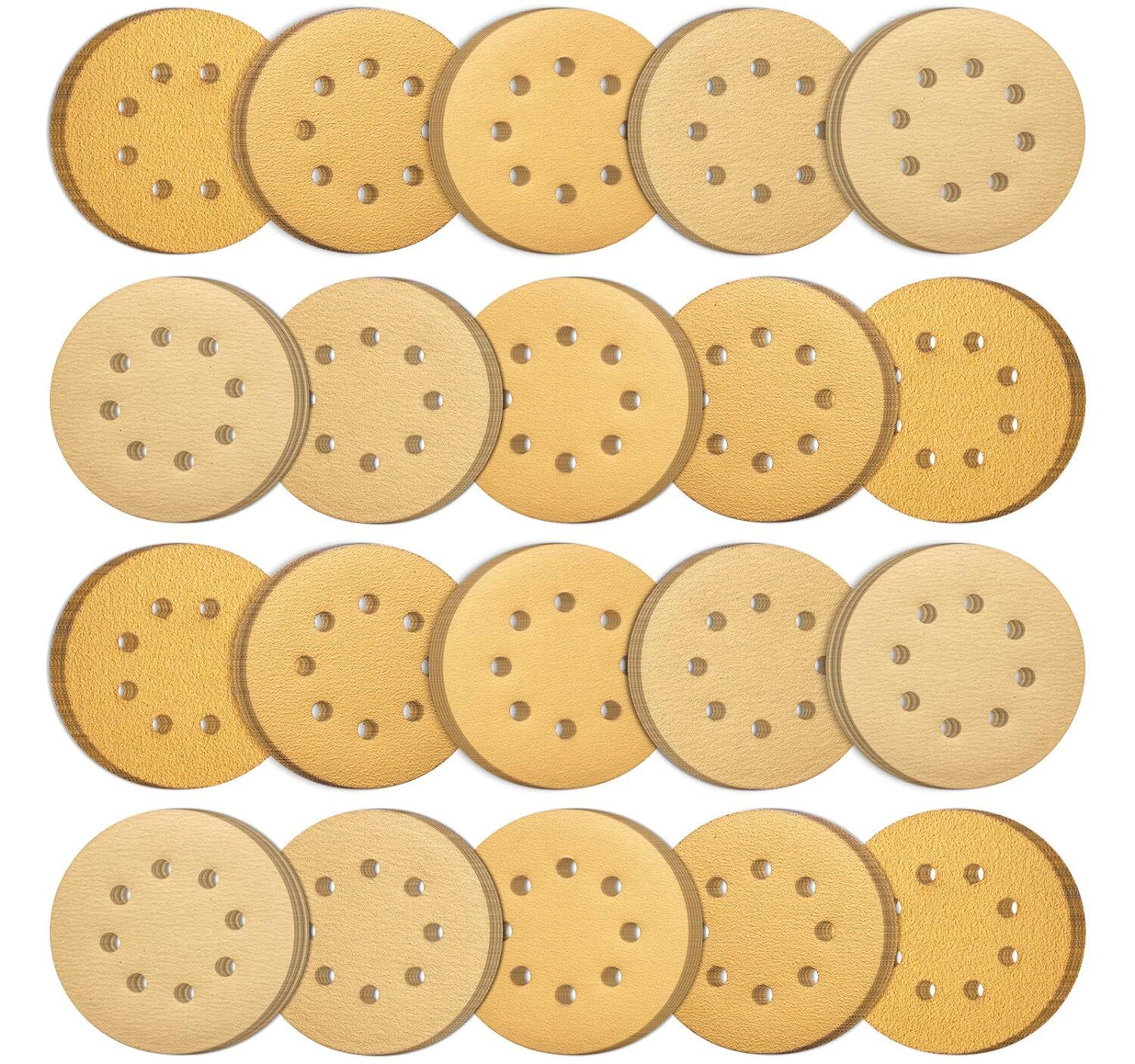 200PCS 5 In 8 Hole Gold Sanding Disc Hook Loop100 Grit for Random Orbital Sander