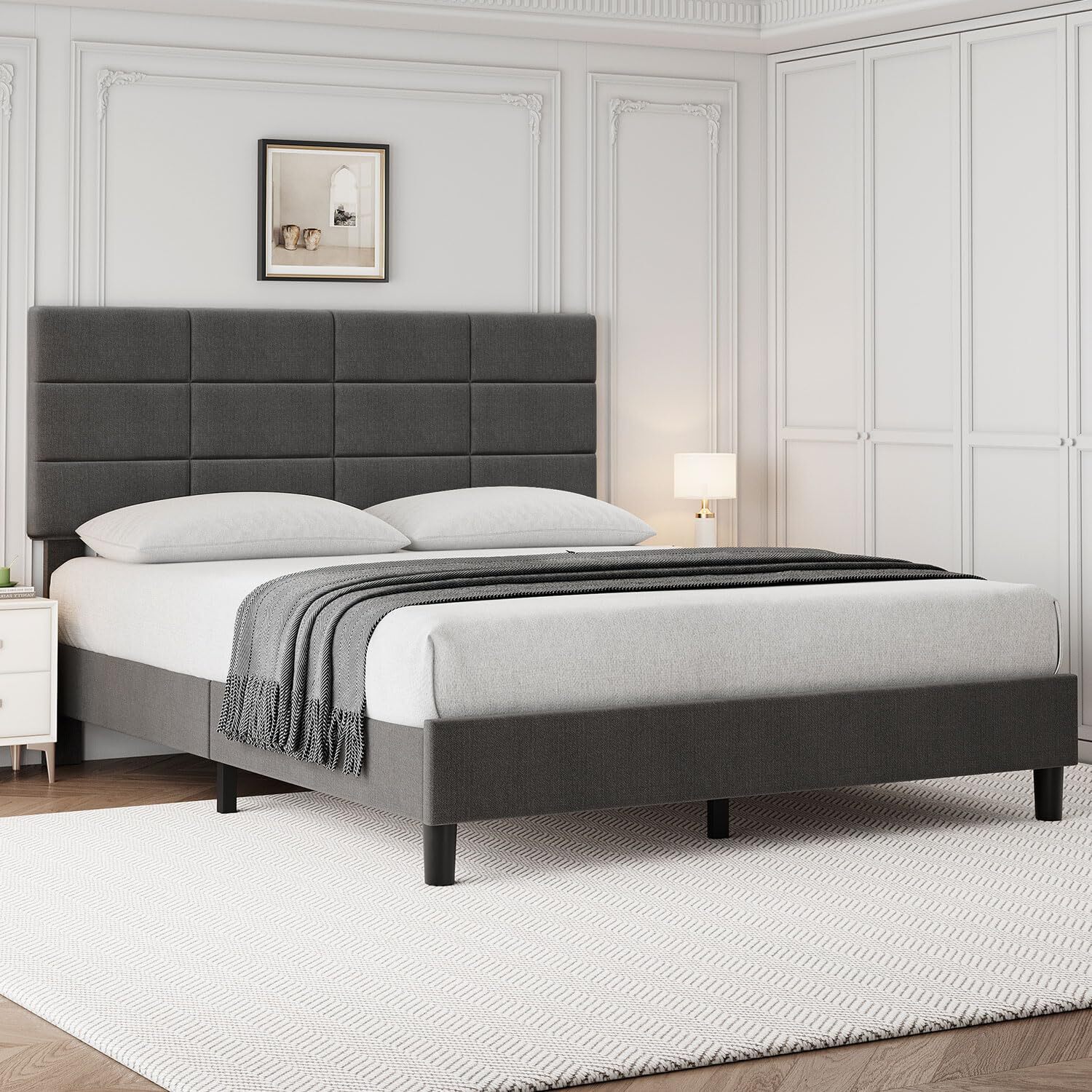 Full Size Bed Frame Headboard ,Modern Upholstered Platform Bed Frame Wood Slats