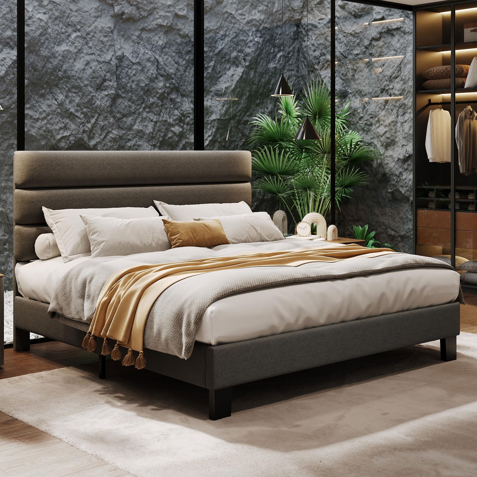 King/Queen/Full Size Bed Frame ,Linen Fabric Upholstered Platform Bed Frame Home