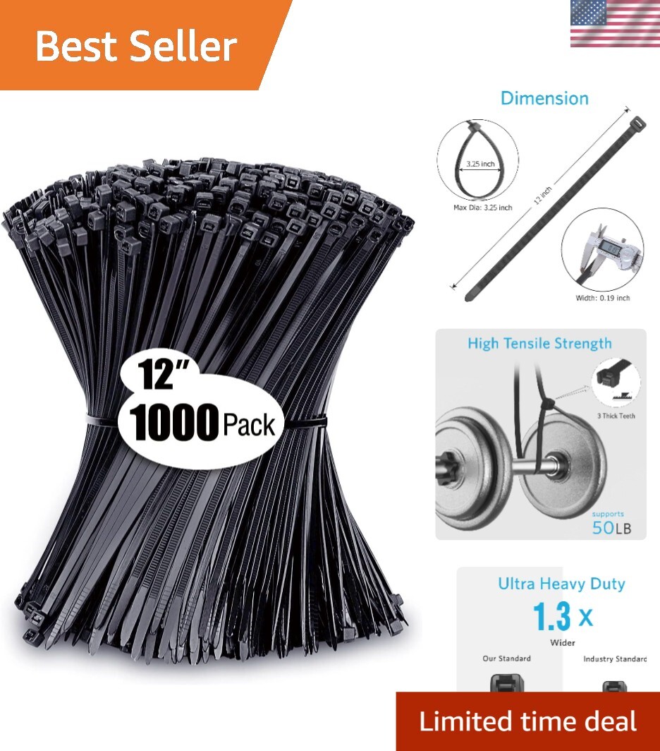 Durable 12 Inch Black Zip Ties - 50lb Strength, 1000 Pack for Indoor/Outdoor Use