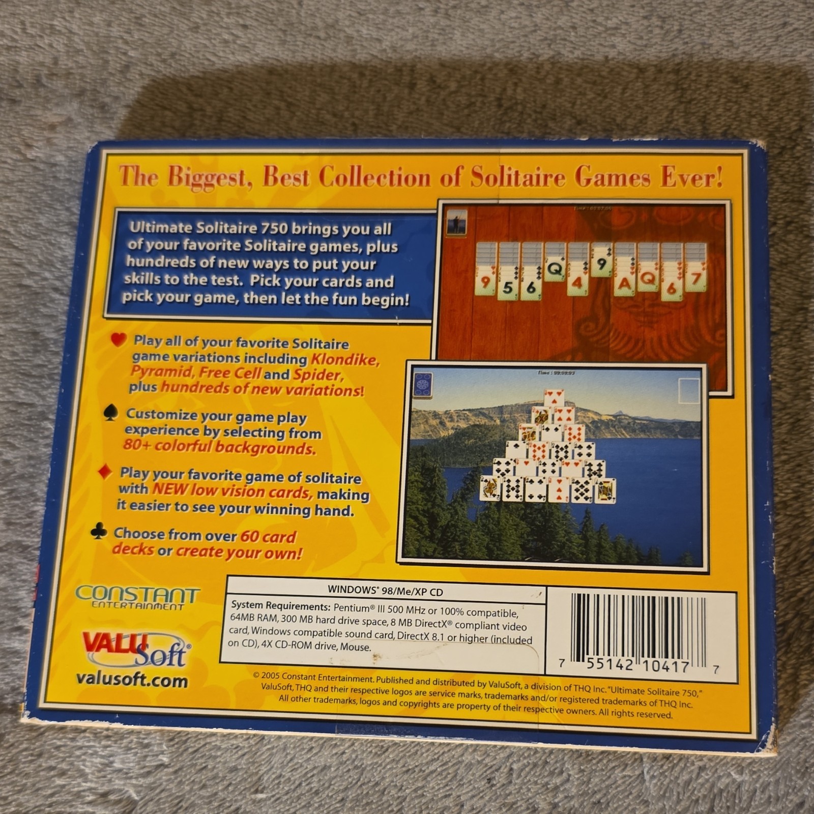 ValuSoft Ultimate Solitaire 750 PC CD-ROM Card Game Windows 98/Me/XP