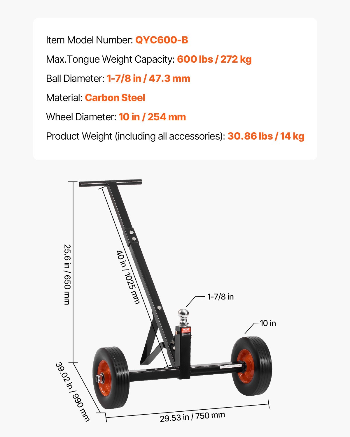 600lbs Trailer Dolly 16.5 and 22 in Height 1-7/8 in Ball Solid Tires