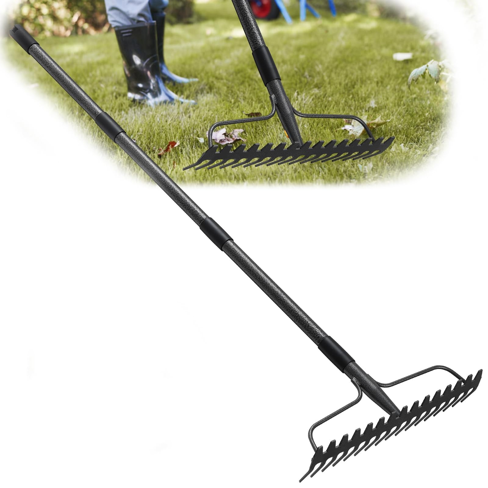 New 63 inch Bow Rake, 2-in-1 Metal Garden Lawn Rake for Weeding Digger Loosening