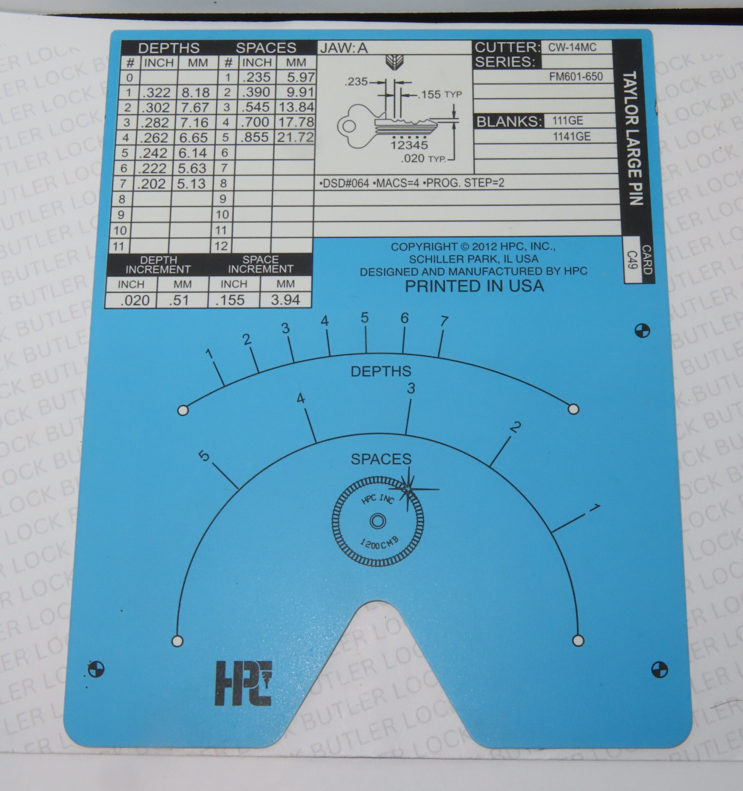 HPC  C49 Code Card  HPC CODE MACHINE CODE CARD C49 Taylor Locksmith