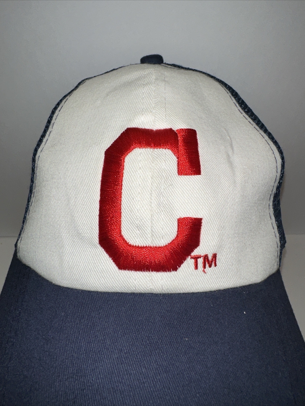 Red C embroidered Trucker Hat Cap White fabric and Navy Blue Mesh Snapback