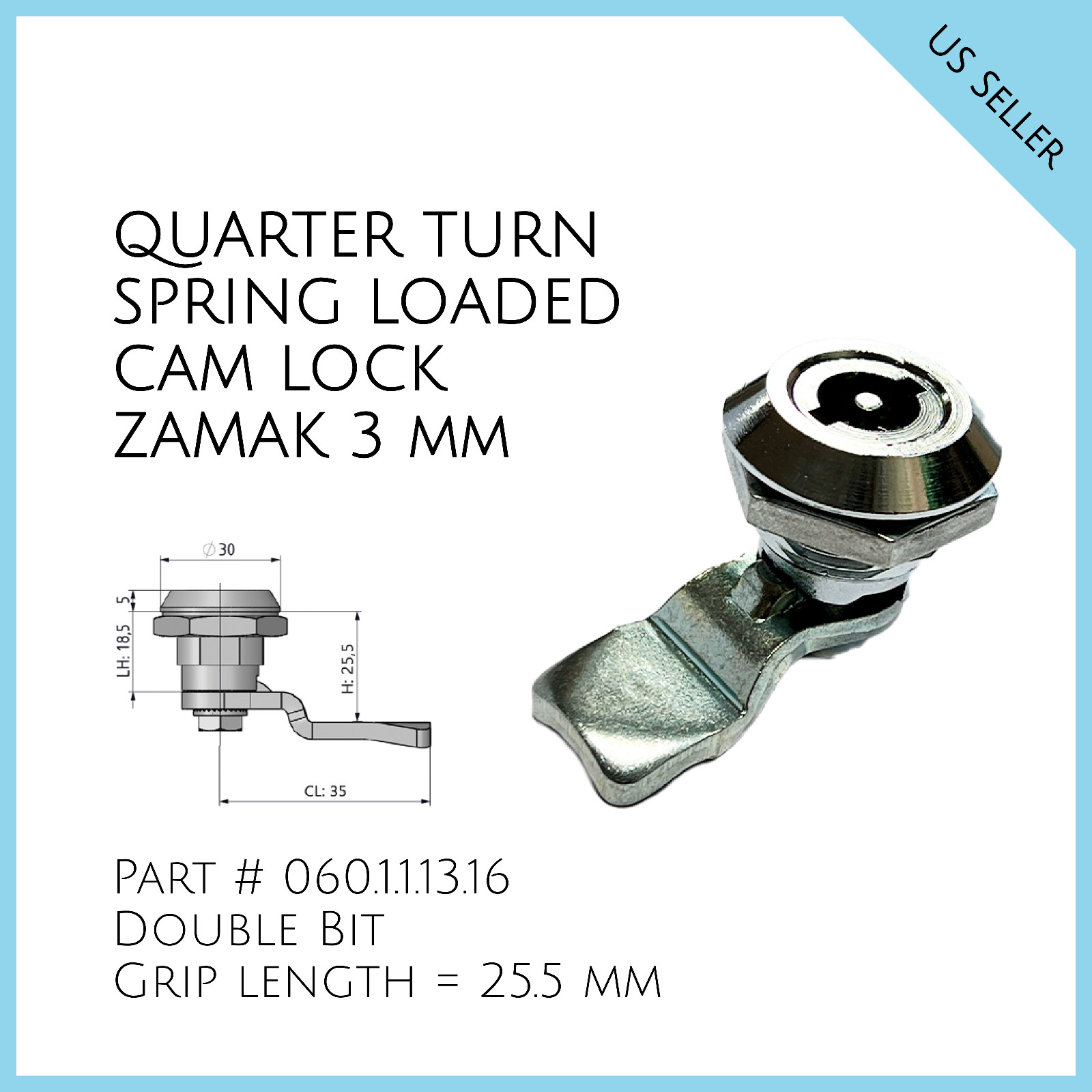 Quarter Turn Spring Loaded Cam Lock Zamak 3mm Double Bit Part # 060.1.1.13.16