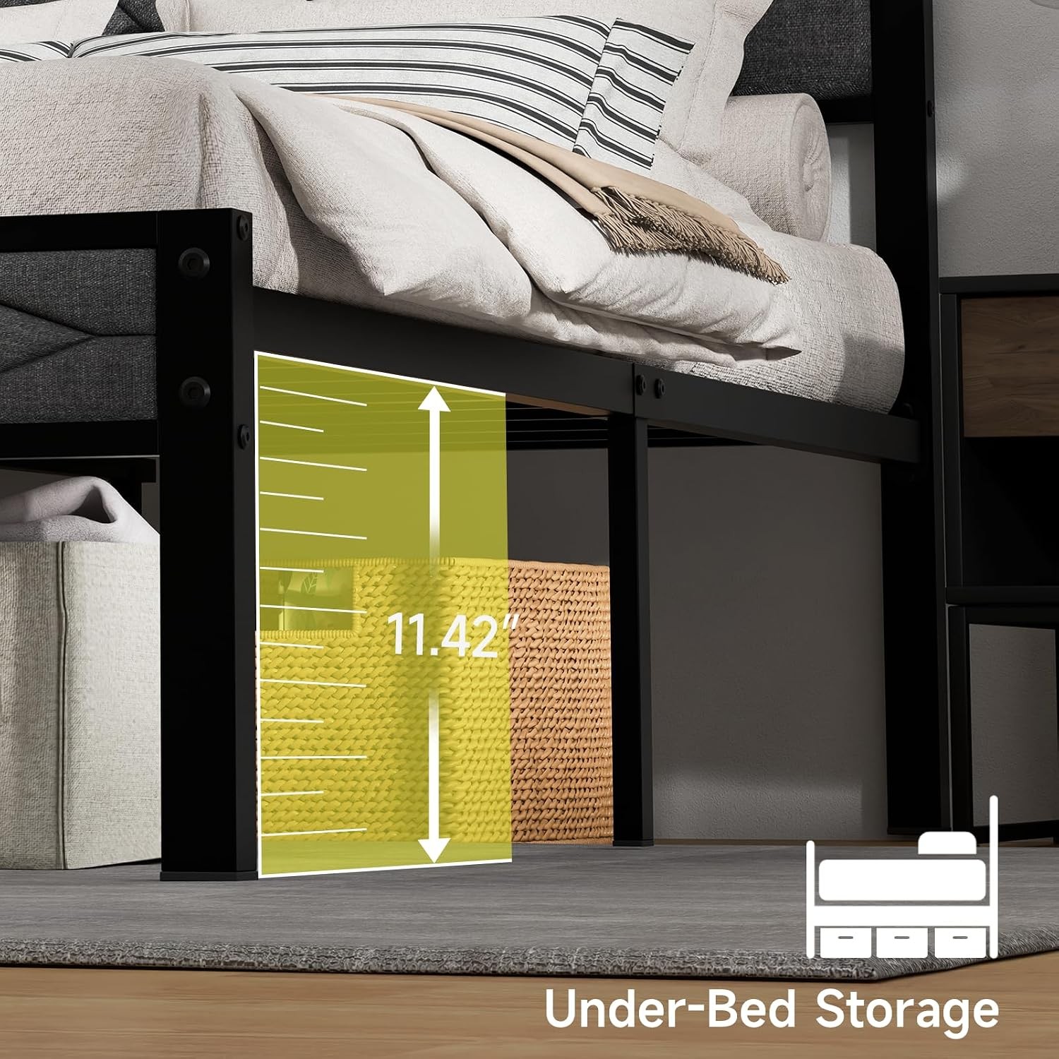 Easy Assembly Upholstered Queen Bed Frame&Soft Padded Headboard | Metal