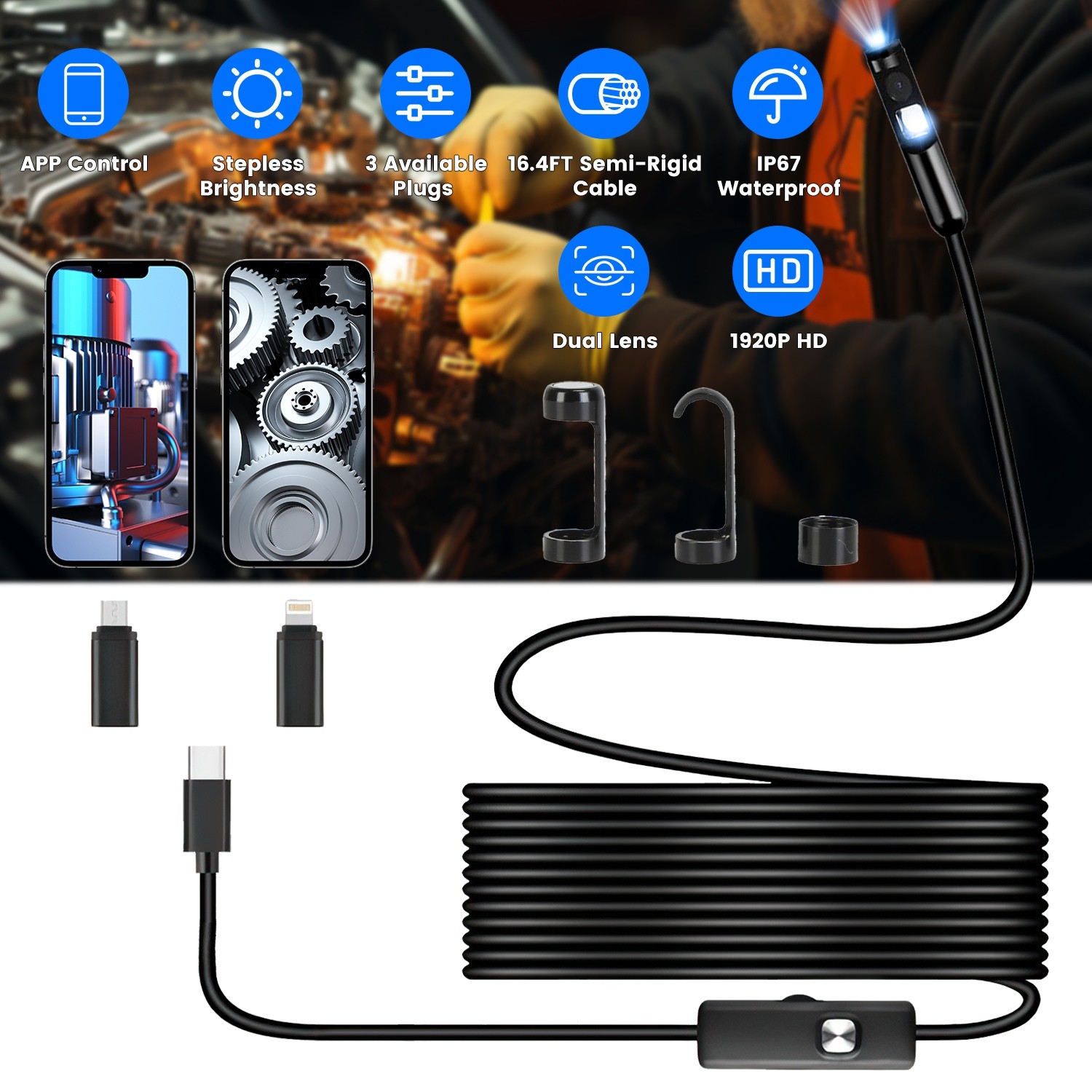 Inspection Endoscope HD Borescope with 8 Adjustable LED Lights Flexible Cable